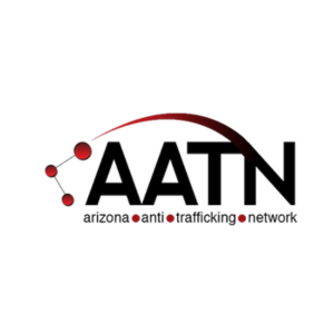 The logo for the Arizona Anti-Trafficking Network (AATN) features a clean, modern design on a white background. At the center, the acronym "AATN" is prominently displayed in bold, black capital letters. Above the text, there is a stylized red arch with three red dots connected by lines, resembling a network or connection symbol, suggesting collaboration or outreach. Below the acronym, the full name "arizona • anti • trafficking • network" is written in smaller, lowercase black letters, with bullet points separating each word. The red and black color scheme conveys urgency and seriousness, aligning with the organization's mission to combat human trafficking in Arizona.