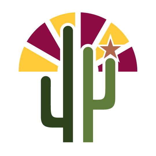 A stylized logo incorporating elements of the Arizona state flag and a desert landscape. The design includes a large saguaro cactus in dark green and olive green, centered in the foreground. Behind the cactus, a semicircle represents the rays of the sun, divided into alternating gold and maroon rays. A copper five-pointed star is positioned to the right of the cactus, resembling the copper star from the Arizona flag. The composition is bold, with clean lines and a modern, geometric aesthetic.