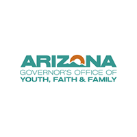 Logo for the Arizona Governor’s Office of Youth, Faith and Family featuring the word 'ARIZONA' in large teal letters with an orange sunrise shape in place of the 'O,' above the smaller teal text 'GOVERNOR’S OFFICE OF YOUTH, FAITH & FAMILY' on a white background.