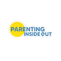 Logo for Parenting Inside Out featuring a bright yellow circle behind the bold blue word 'PARENTING' and the words 'INSIDE OUT' in blue with a small hand icon in the letter 'O