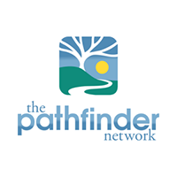 Logo for The Pathfinder Network featuring a stylized square with a white tree silhouette against a blue sky, a green hill, a yellow sun, and a winding path, above the words 'the pathfinder network' in blue.