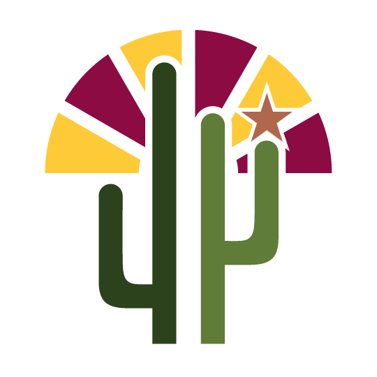 A stylized logo incorporating elements of the Arizona state flag and a desert landscape. The design includes a large saguaro cactus in dark green and olive green, centered in the foreground. Behind the cactus, a semicircle represents the rays of the sun, divided into alternating gold and maroon rays. A copper five-pointed star is positioned to the right of the cactus, resembling the copper star from the Arizona flag. The composition is bold, with clean lines and a modern, geometric aesthetic.